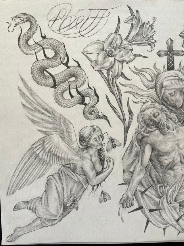 Graphite flash sheet — snake, lilies, praying hands with a rosary, an angel and a pietà.