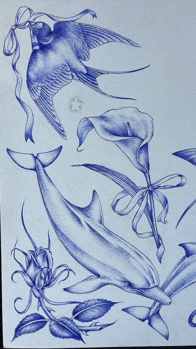 Blue ballpoint flash sheet — a swallow carrying a ribbon, calla lilies tied with a bow, a dolphin and a rose.